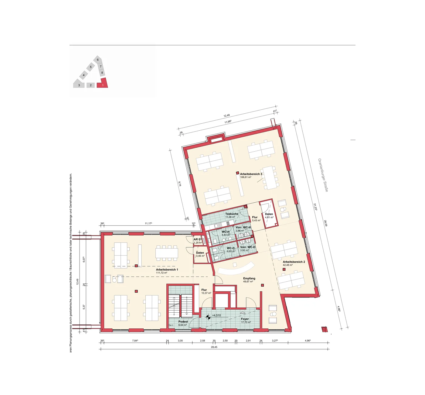 Grundriss 1. Obergeschoss am Wildbergplatz mit Büro- und Arbeitsbereichen