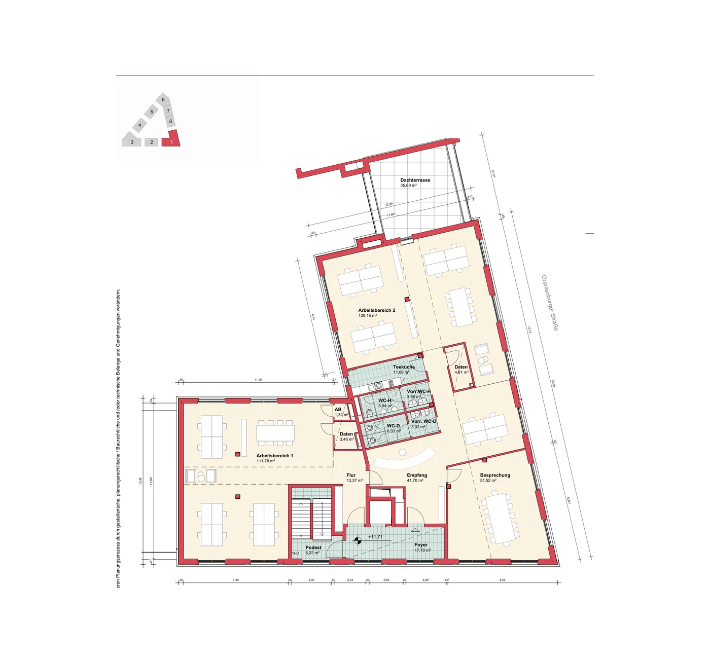 Grundriss 3. Obergeschoss am Wildbergplatz mit Bürobereichen und Dachterrasse