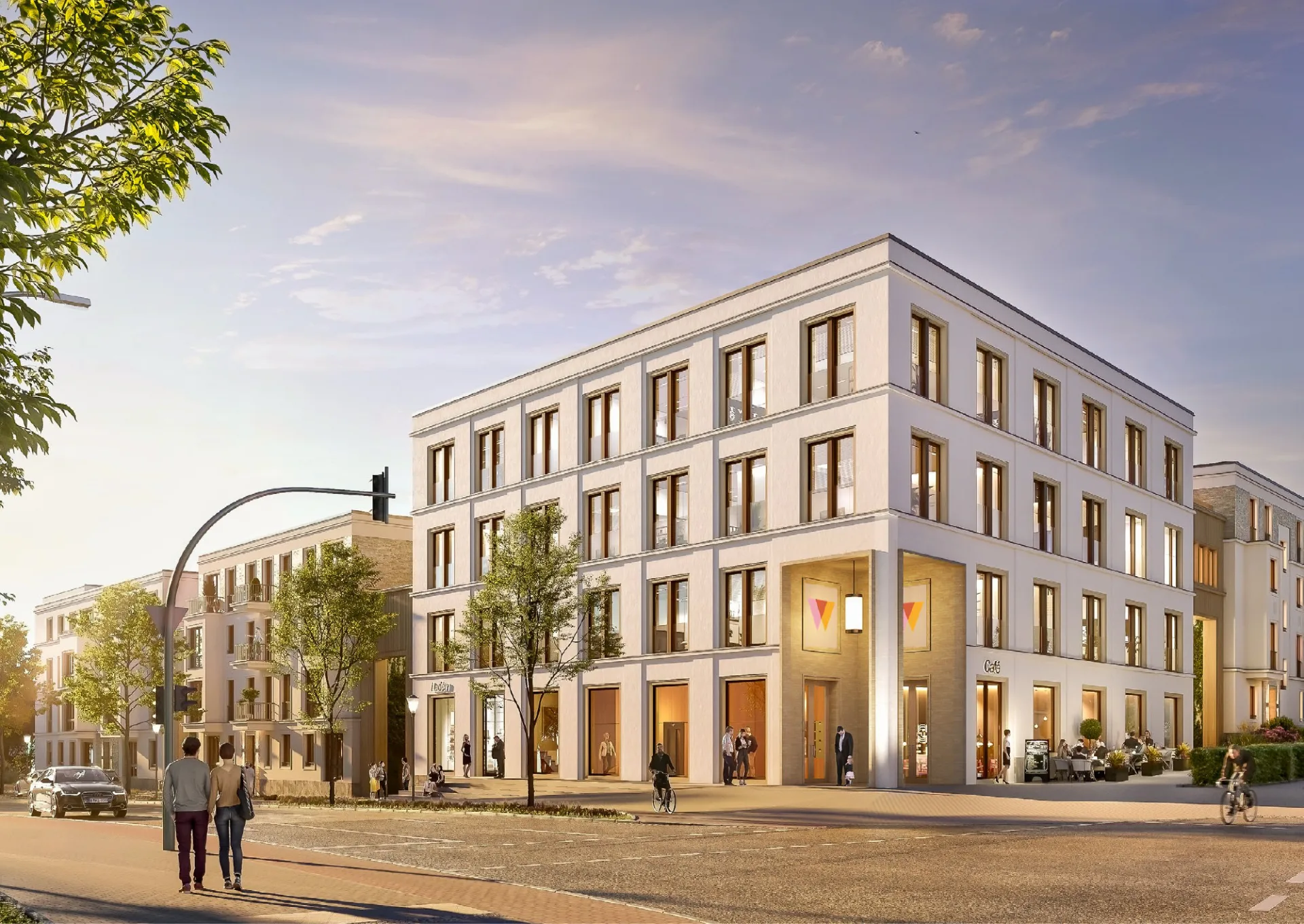 Das neue Geschäftshaus am Wildbergplatz in Hohen Neuendorf in der Abendstimmung
