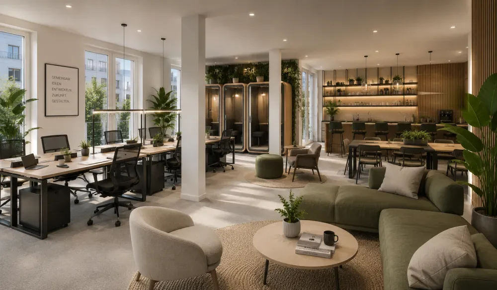 Beispielvisualisierung eines Coworking-Space in den Gewerbeflächen